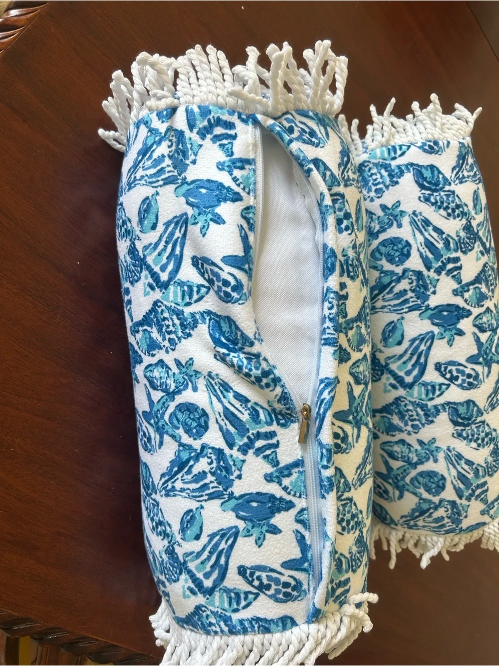 Lilly Pulitzer Blue Coastal Seashell Bolster Pillow Set of 2 Rope Fringe
